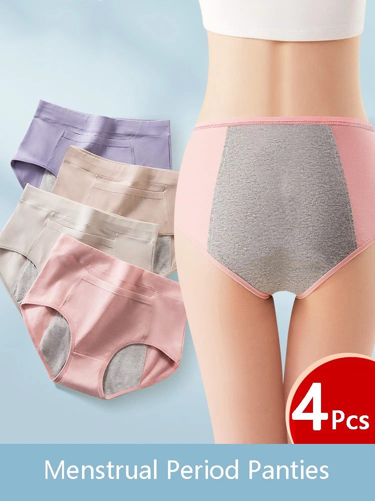 4Pcs Women's Menstrual Leak Proof High Waist Cotton Panties